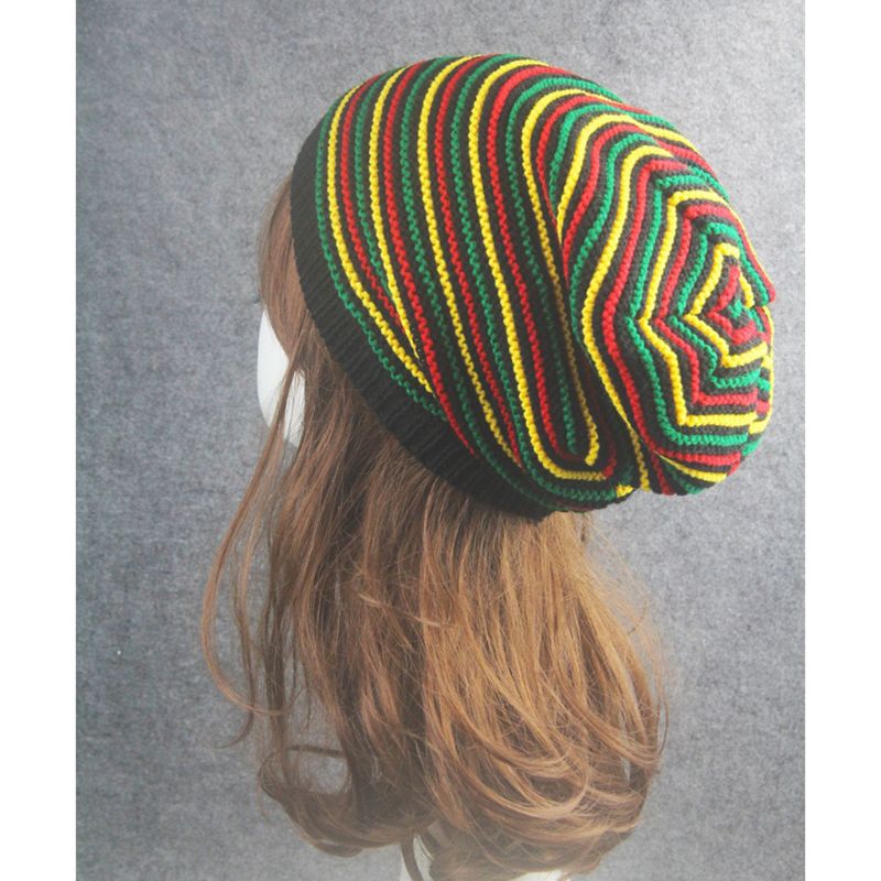 Unisex Crochet Wavy Fine Stripes Beanie Cap Rainbow Jamaica Flag Baggy Skull Hat