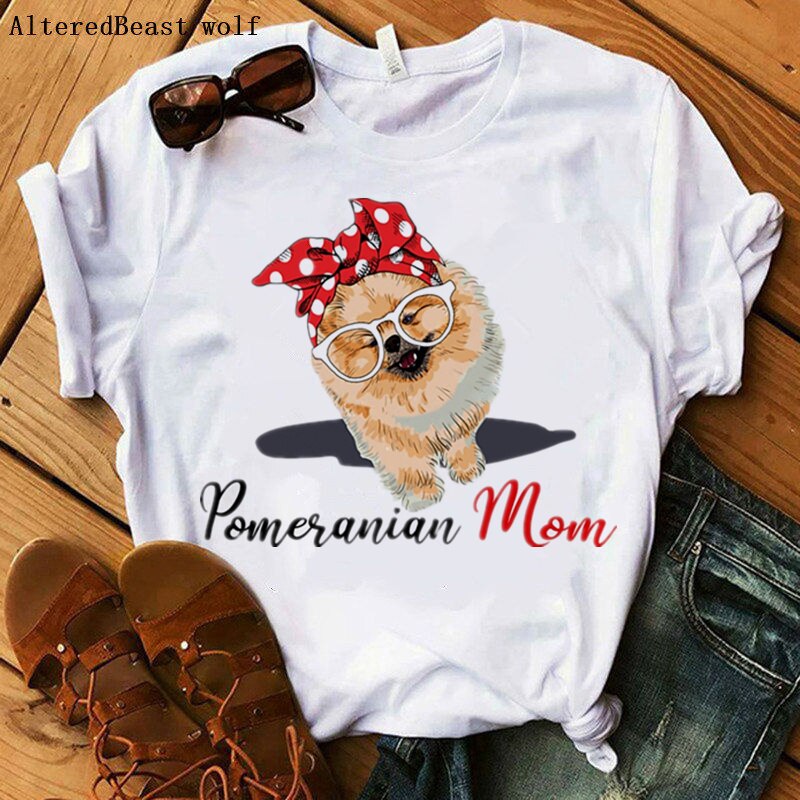 Pomeranian Mom Tshirt Women dog I Love Mom Bandana T-shirt Summer O-neck Short Sleeve Clothing tee Shirt Female