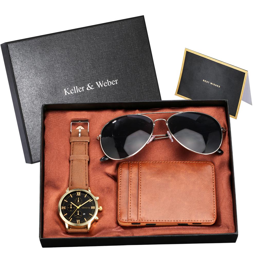 Luxury Rose Gold Men Watch Leather Card Credit Holder Wallet Fashion Sunglasses Sets for Men Unique Gift for Boyfriend Husband