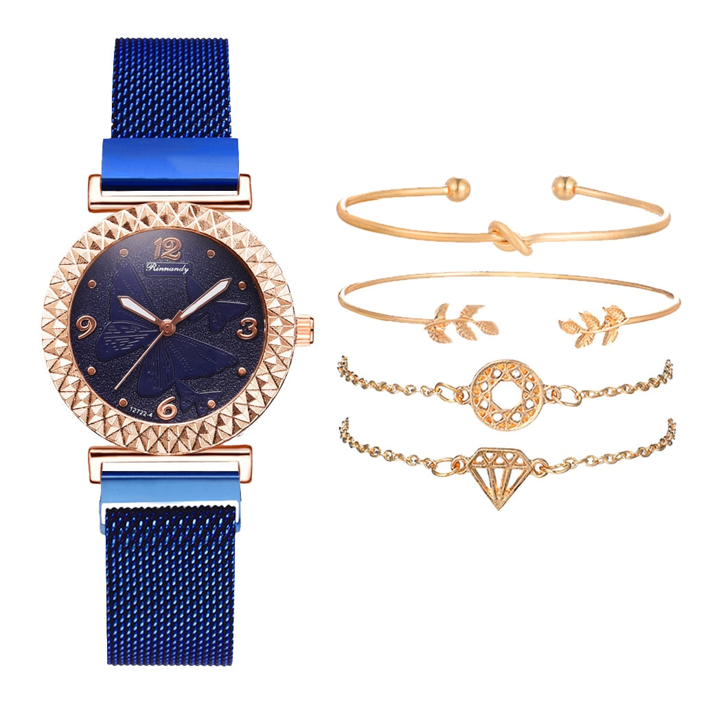 5PCS Women Watch Set Luxury Rose Gold Dress Quartz Watch Bracelet Ladies Sports Wrist Watch Clock Gift Women Relogio Feminino
