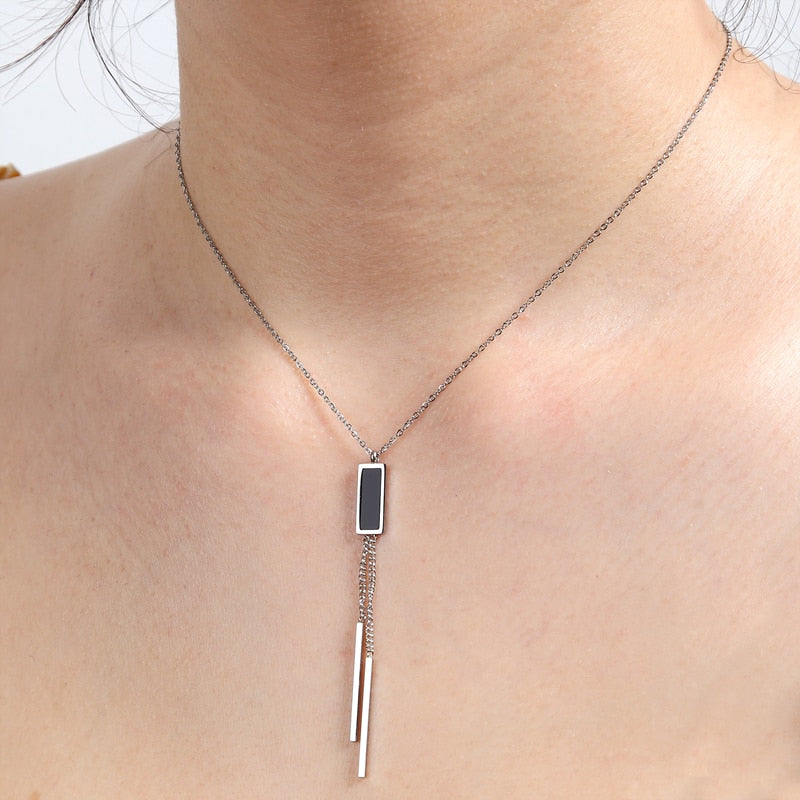 New Arrival Elegant Black Square Hanging Double Pendant Necklace for Women Jewelry Stainless Steel Gold plating Necklace