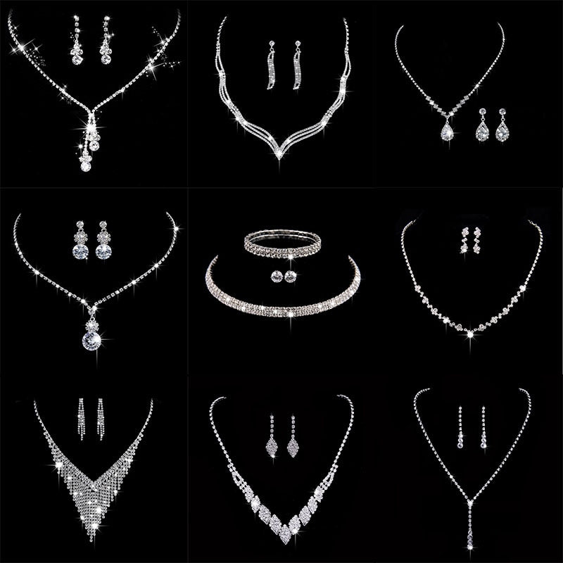Fashion Crystal Bride Jewelry Set Rhinestone Silver-plated Wedding Dress Banquet Necklace Earring Set Ladies Gift
