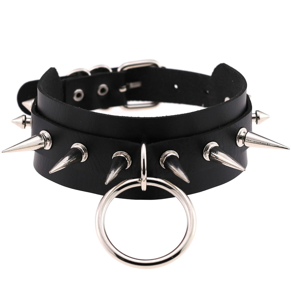 DIEZI Punk Harajuku Cosplay Sexy PU Leather Men Silver Color Necklace Women Gothic Circle Necklace Body Jewelry
