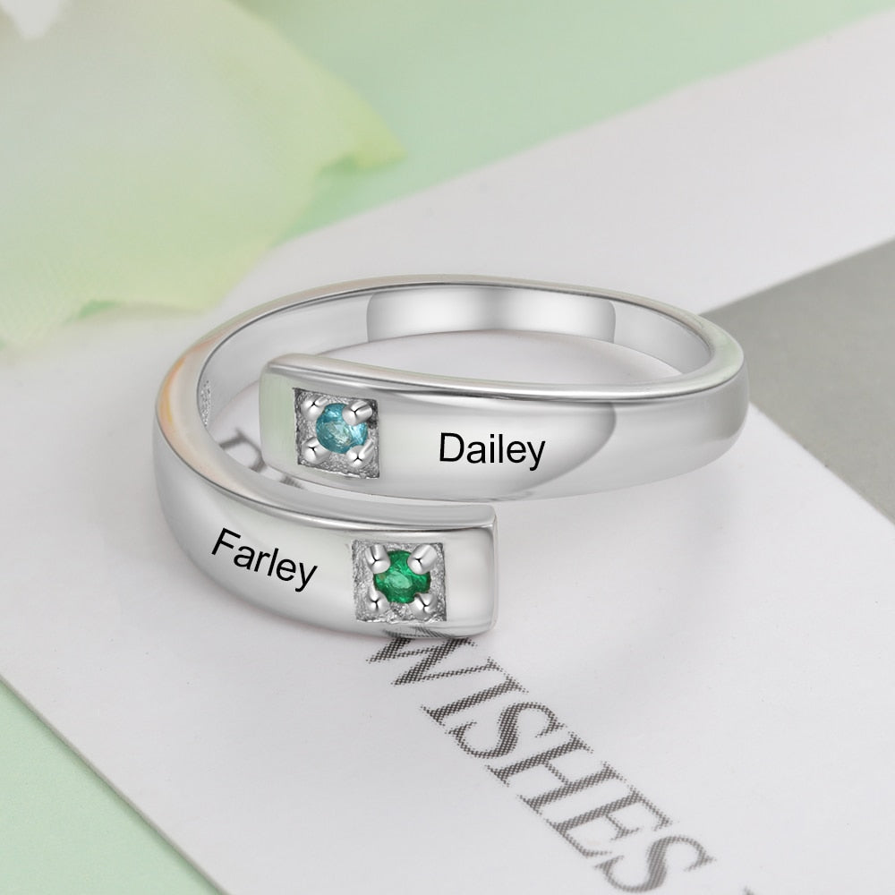 Personalized Women Rings with Birthstone Custom 2 Names Engraved Adjustable Promise Rings for Couples Jewelry