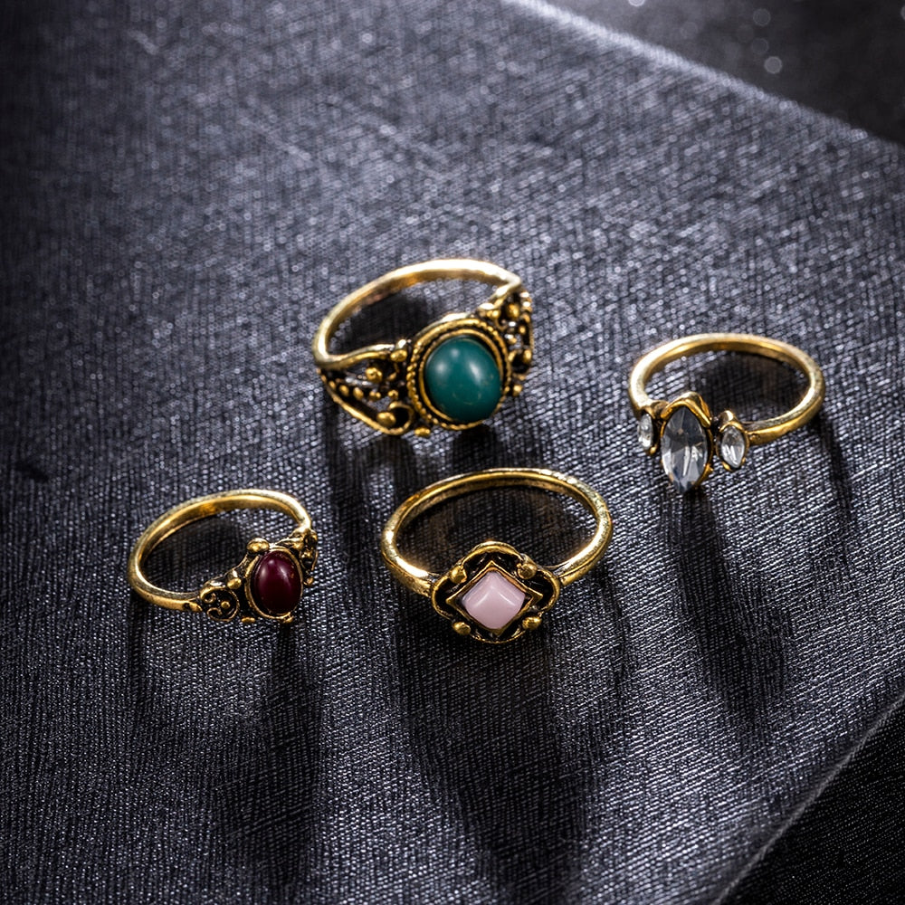4PCS, Set Bohemian Vintage Crystal Rings Lucky Midi Rings Set Knuckle Rings Set Women