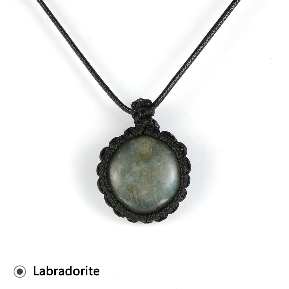 Women Men Natural Gemstone Round Pendant Crystal Tiger Eye Lapis Lazuli Labradorite Necklace Handmade Braided Jewelry