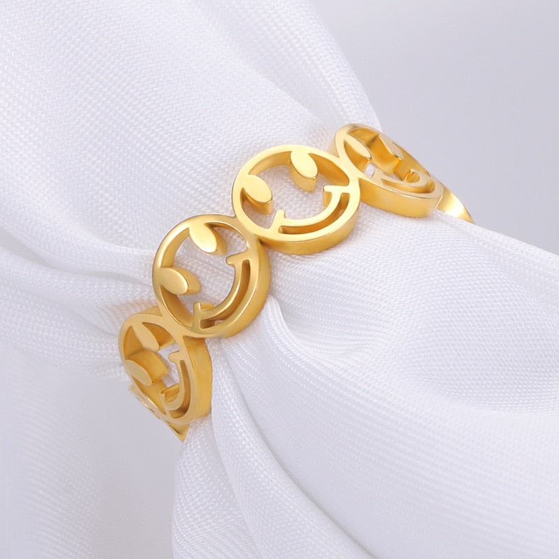 Couple Smiley Face Rings For Women Stainless Steel Happy Face Ring Gold Color Adjustable Open Smile Best Friend Gift Jewelry