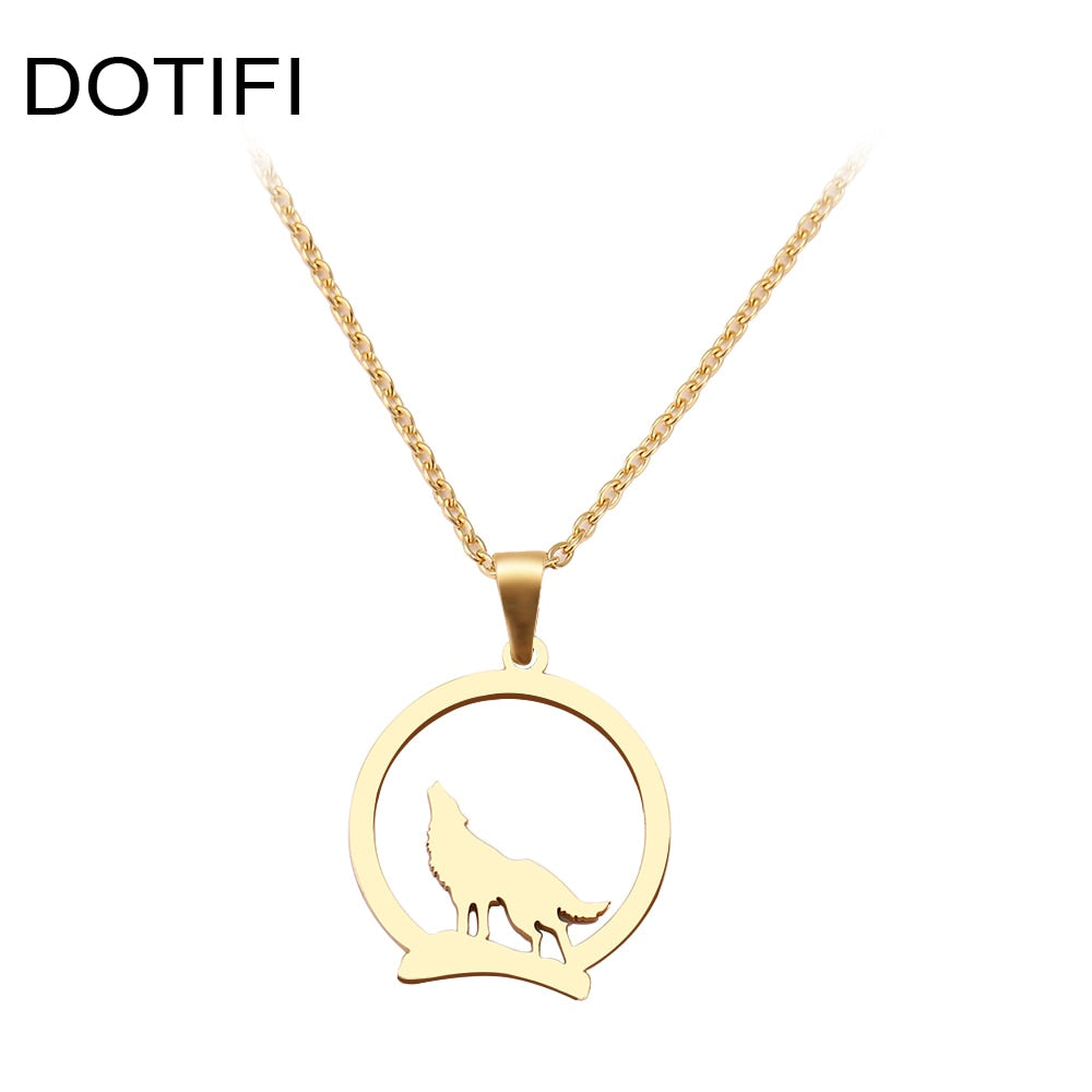 DOTIFI Stainless Steel Necklace For Women Man Wolf On The Hill Pendant Choker Necklace Engagement Jewelry