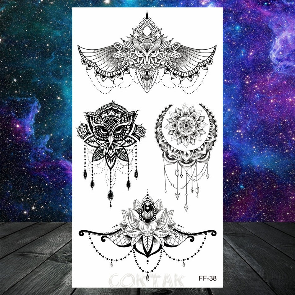 Owl Moth Jewelry Temporary Tattoo For Women Men Mandala Henna Flower Tattoo Mehndi Fake Pendants Geometric Tatoo Chest Back Lace