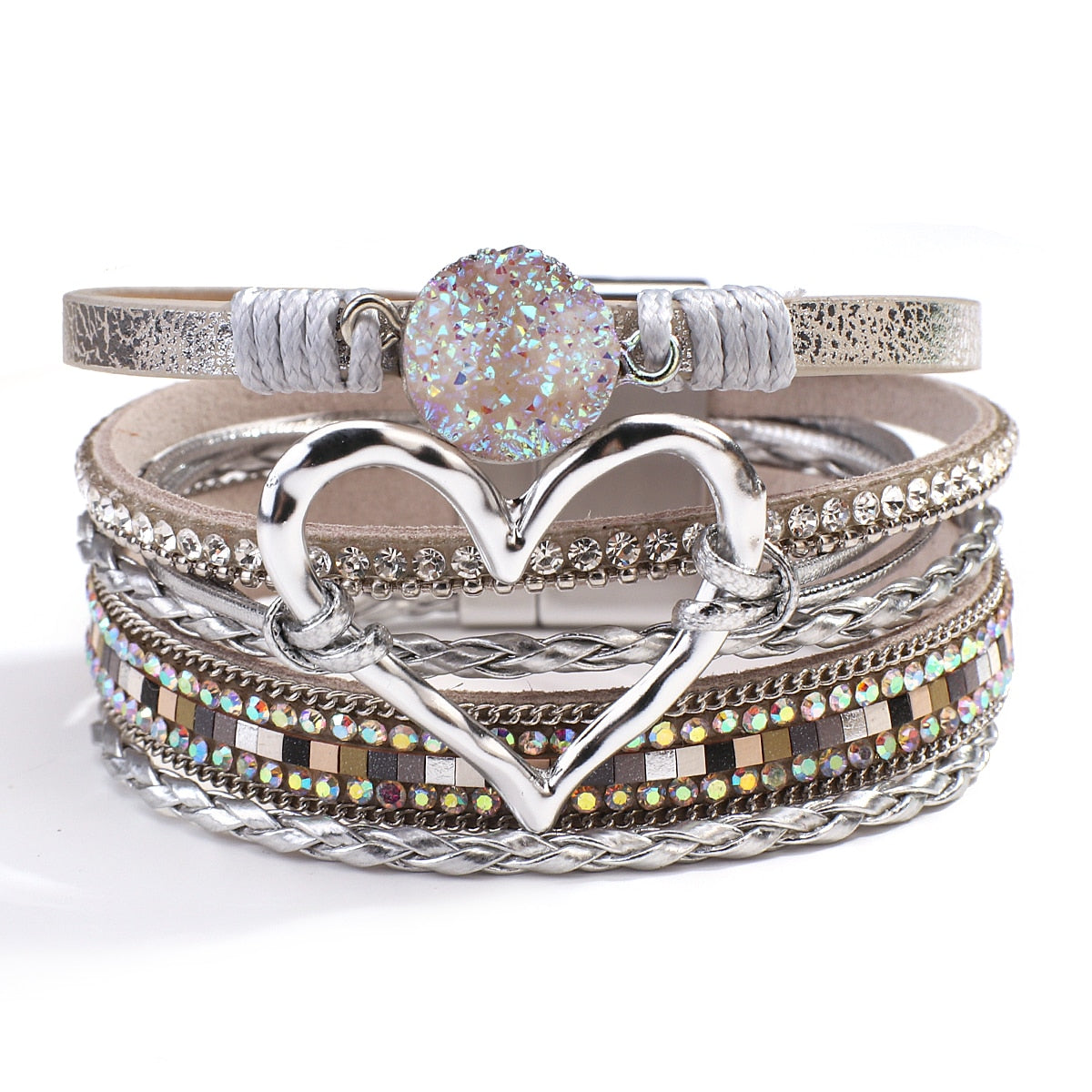 Amorcome Fashion Braided Leather Wrap Bracelets Bangles Multilayer Resin Stone Hollow Heart Charm Bracelets Women Gift
