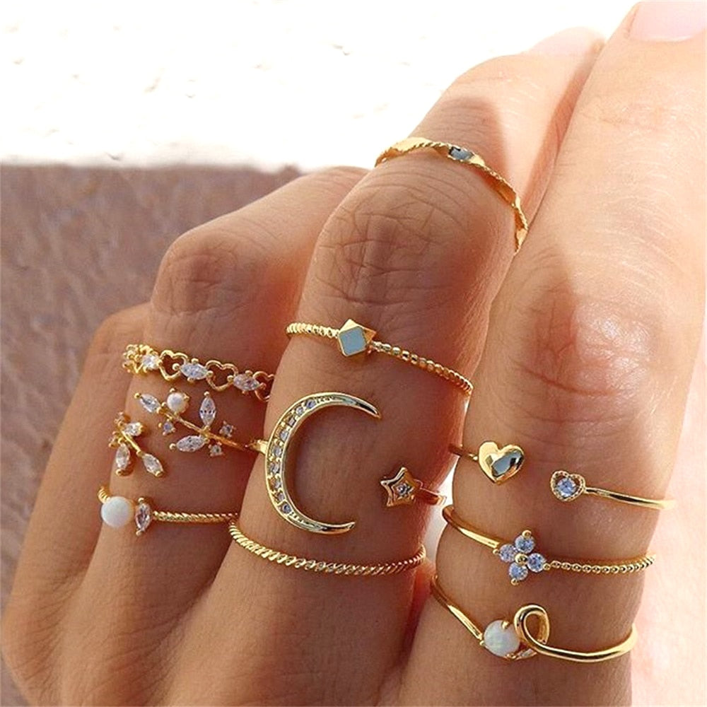 FNIO Bohemian Gold Color  Rings Set For Women Fashion Boho Coin Snake Moon Rings Party