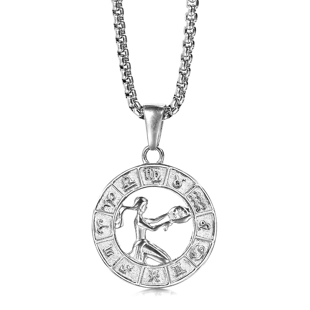 Silver Color 12 Horoscope Zodiac Sign Pendant Necklace For Women Men Stainless Steel Constellations Jewelry Gift Dropship KP656
