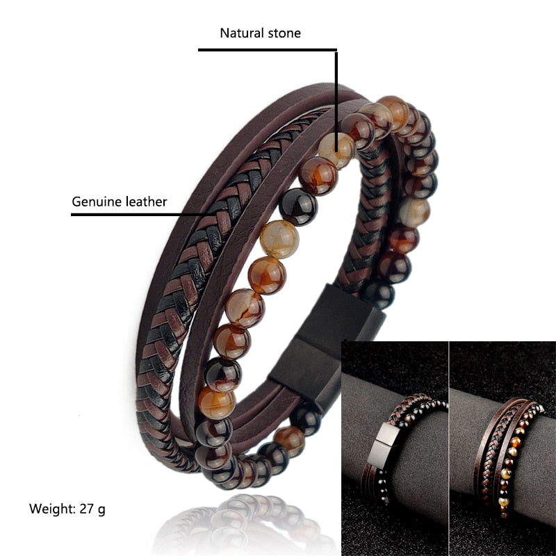 Boho Jewelry Beads Leather Charm Bracelet for Men Women Stainless Steel Natural Stone Rosary love Bracelet Bangle  Gift Wholesal