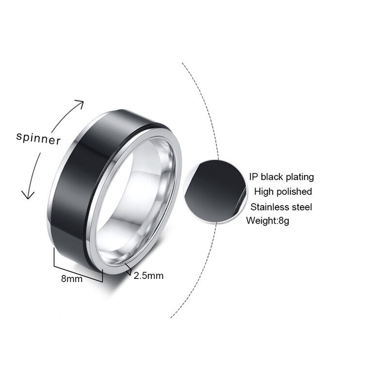 Vnox 8mm Rotatable Black Ring for Men Stainless Steel Metal Double Layered Band Finger Jewelry
