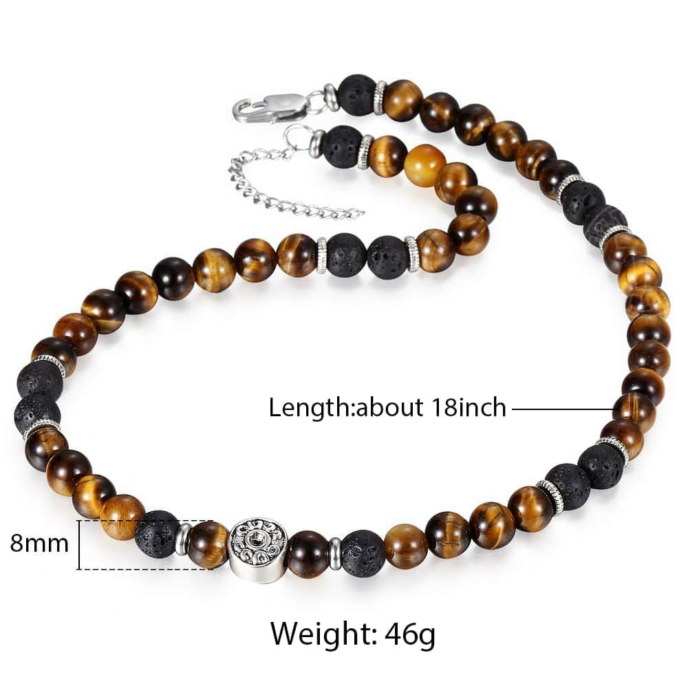 8mm Natural Stone Tiger Eyes Lava Bead Necklace Stainless Steel Beaded Charm Choker Neck Fashion Male Jewelry 18/20inch