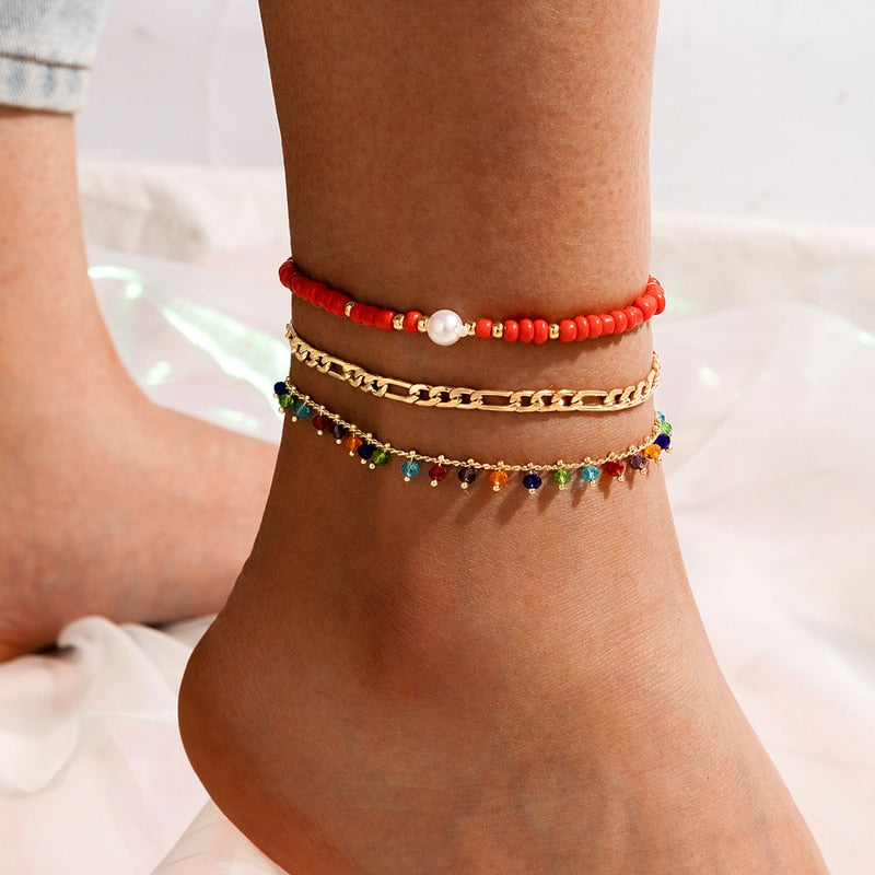 Docona Boho 4pcs/sets Colorful Beaded Anklets Summer Watermelon Eyes Pendant Rope Feet Bracelets Women Accessories