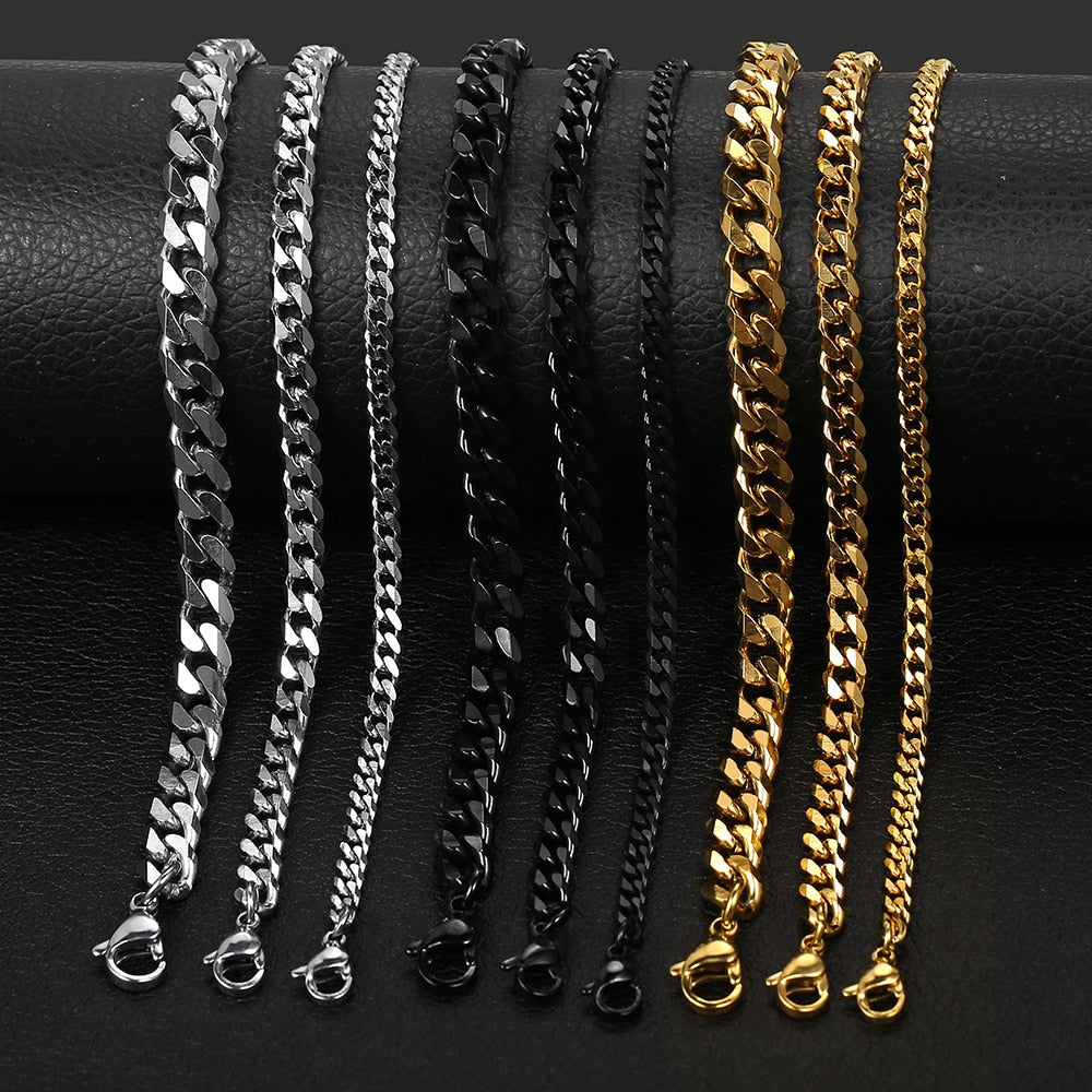 3-11mm Men Bracelets Stainless Steel Curb Cuban Link  Black Gold Color Silver Color Bracelet For Women Jewelry