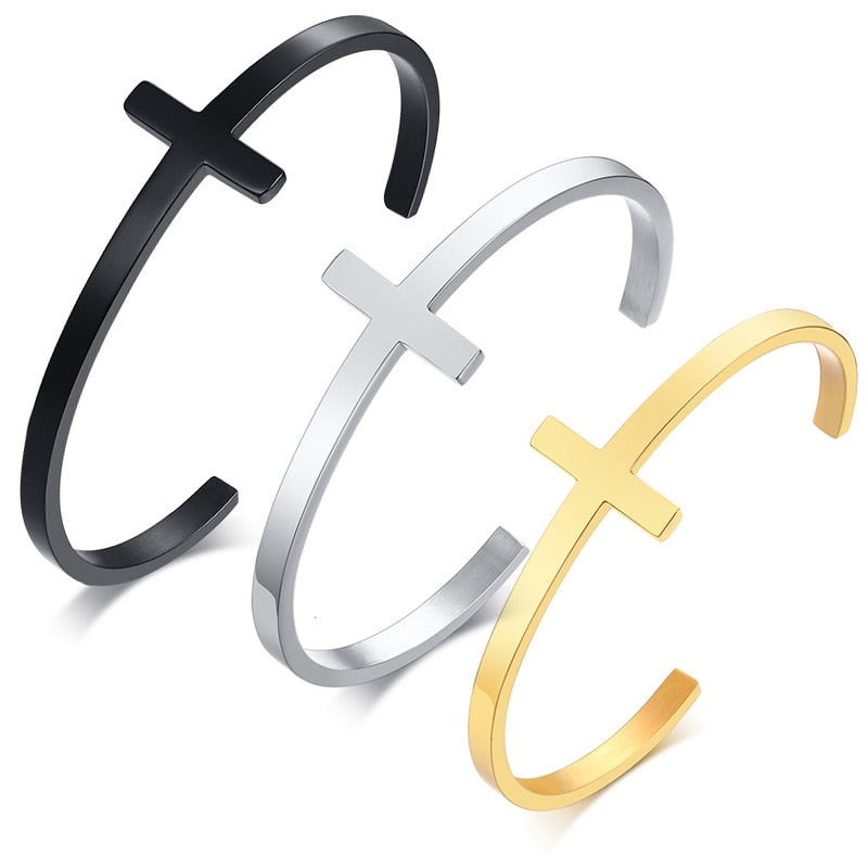 Stainless Steel Cross Cuff Bracelet Open Sideways Cross Bangle For Men Women Minimalistic Gift
