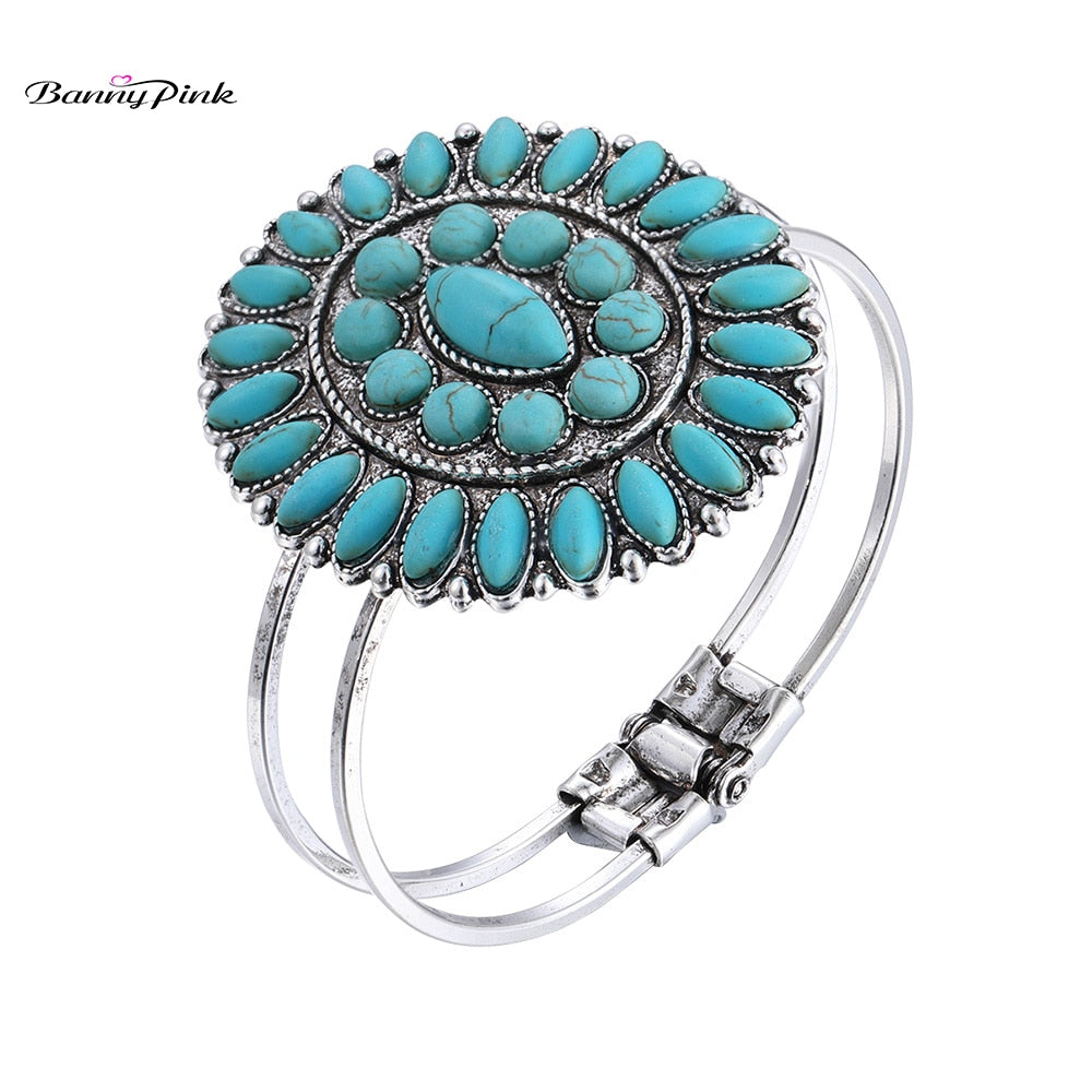 Banny Pink Stone Beads Statement Charms Bangle Bracelet For Women Vintage Spring Metal Handcraft Bracelet Bangle Pulseras