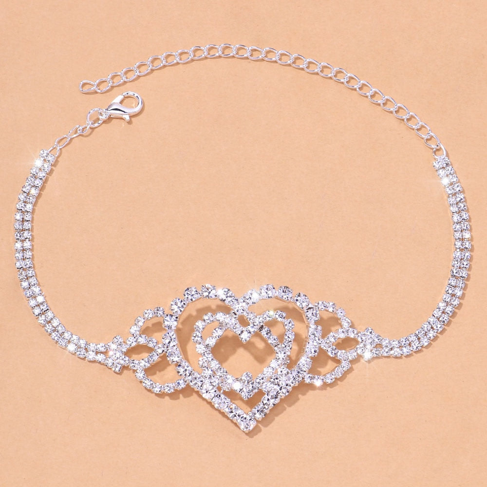 Stonefans Fashion Double Heart Anklet Rhinestone Jewelry for Women Bling Love Foot Anklet Bracelet Crystal Jewellery