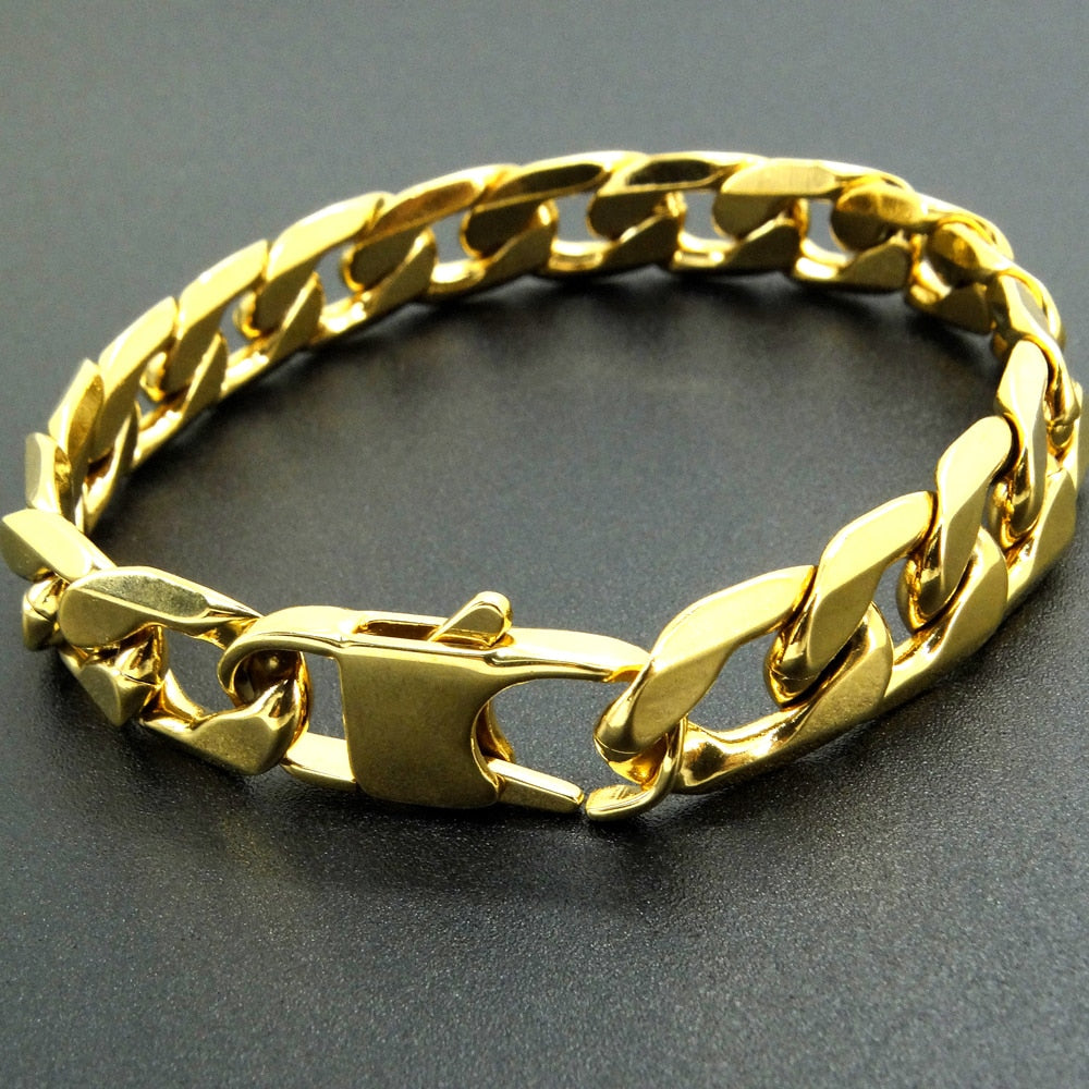100% Stainless Steel Bracelet 6/8/12 mm 8 Inches Curb Cuban Gold Color Bracelets for Men Women
