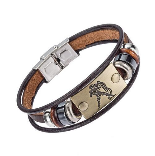 Hot Fashion 12 Zodiac Signs Bracelet for Men Women Stainless Steel Clasps Genuine Leather Bracelet Men Jewelry