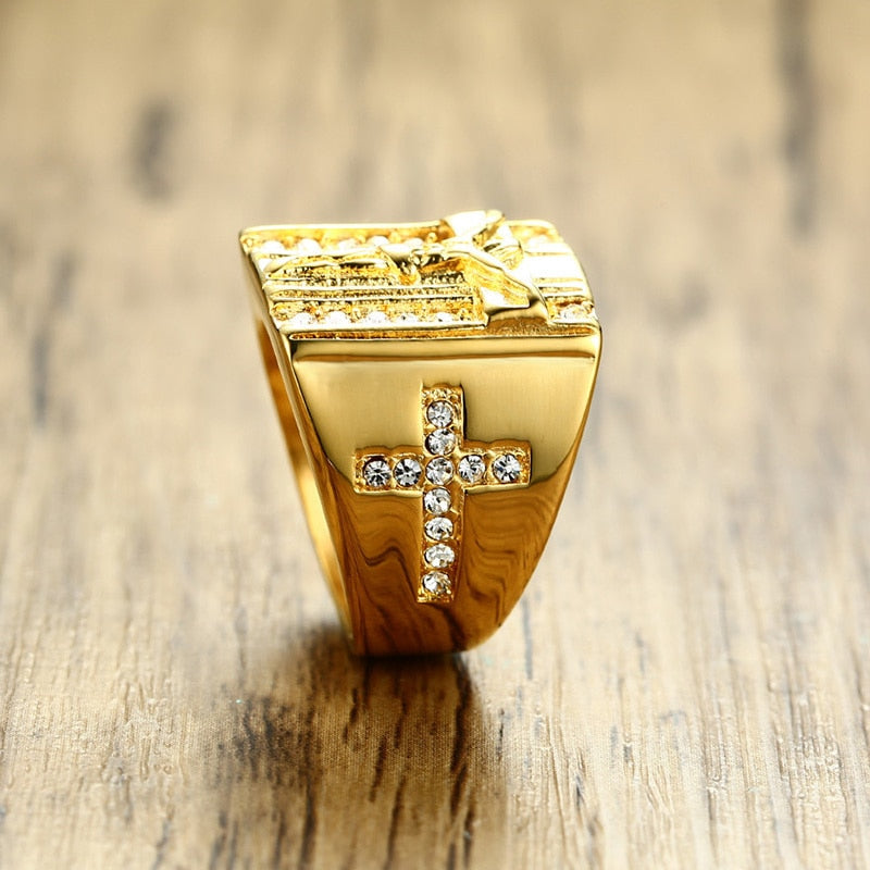 Vnox Punk Jesus Christ Cross Chunky Ring for Men Stainless Steel Crystals Religion Prayer Male Hip-hop Jewelry Gold Color