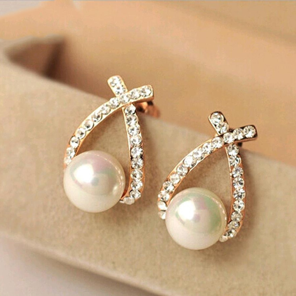 New Fashion Gold Silver Color Cross Crystal Stud Earrings for Women Elegant Cute Pearl Earrings Brincos Jewelry Wholesale
