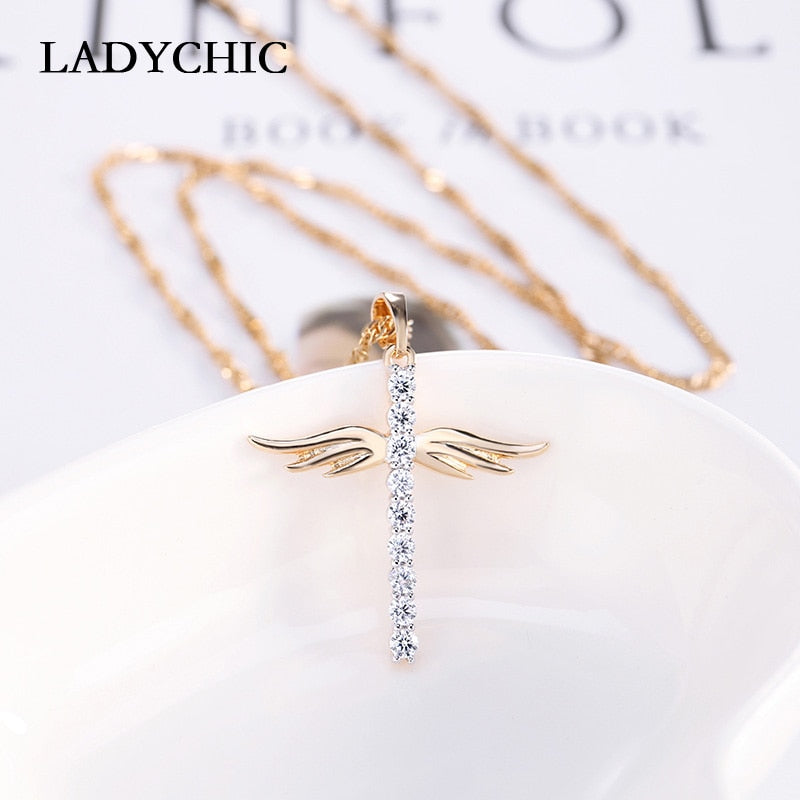 LADYCHIC Angel Wings Cross Pendant Necklace for Girl Women Fashion Style Necklaces Inlaid AAA Crystal Jewelry Wholesale