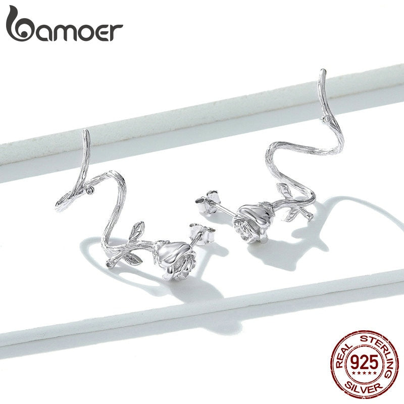 bamoer Thorns Rose Flower Ear Clips for Women Genuine  925 Sterling Silver Vintage Punk Jewelry  Femme Accessories