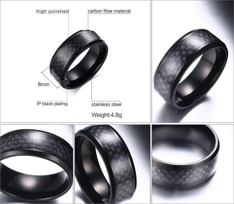 Vnox Black Carbon Fiber Punk Ring For Men 8mm Stainless Steel Wedding Mens Rings Jewelry
