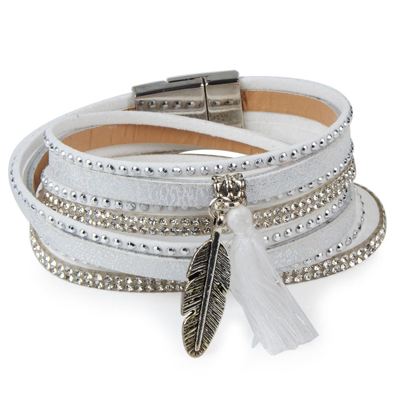 Multilayer Leather Tassel Boho Bracelet Bohemian Feather Tree Charms Magnetic Velvet Leatherman Bracelet For Women Men Jewelry
