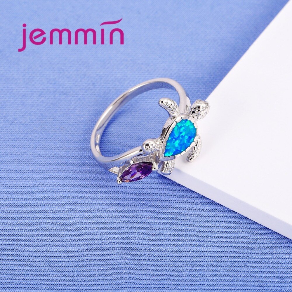 Fire Opal Ring Blue and Purple Color wedding Band luxury Turtle jewelry 925 Sterling Silver Ring for Women