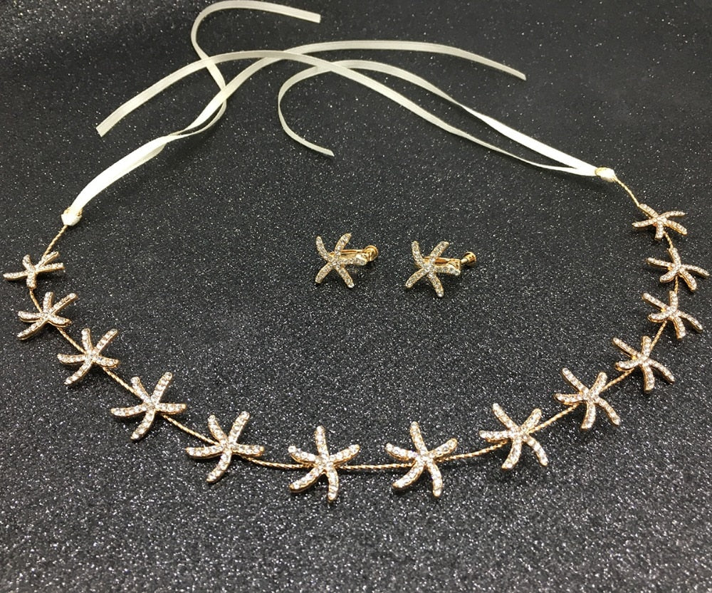 Luxury Hair Jewelry Starfish Crystal Bride Tiaras Wedding Hair Accessories headdress Gold Color Headbands Ribbon Gift