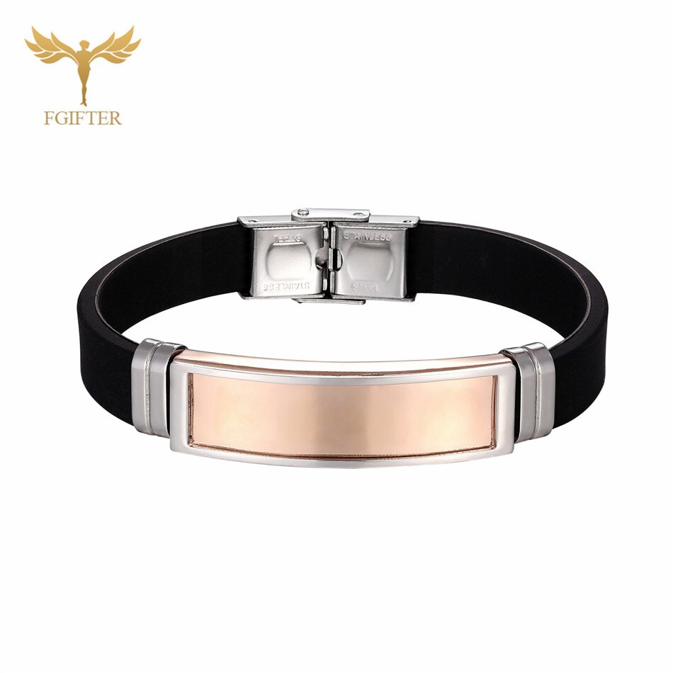 Men Women Stainless Steel Bracelets Black Rubber Belt Bangles Unisex Jewelry Rectangular Blank Accessory For Laser Burn Custom