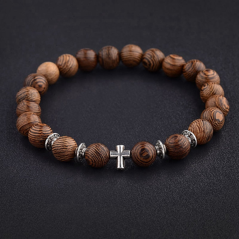 Hot Men Wood Beads Cross Bracelets Onyx Meditation Prayer Bead Bracelet Women Wooden Yoga Jewelry Homme