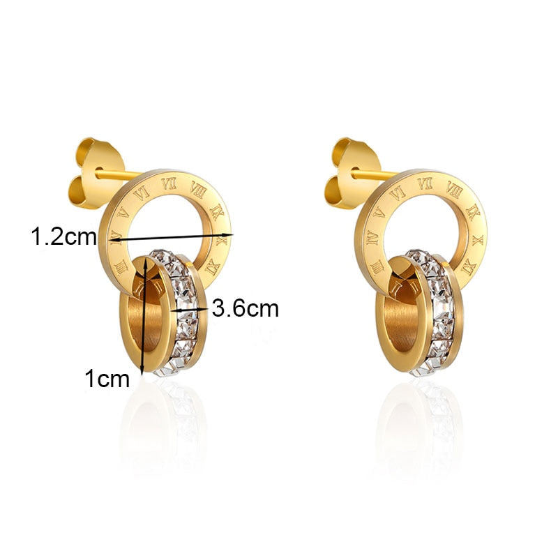 Top Brand Hight Quality Titanium Steel Double Wound Roman Numerals Crystal Stud Earrings For Women Gift Jewelry