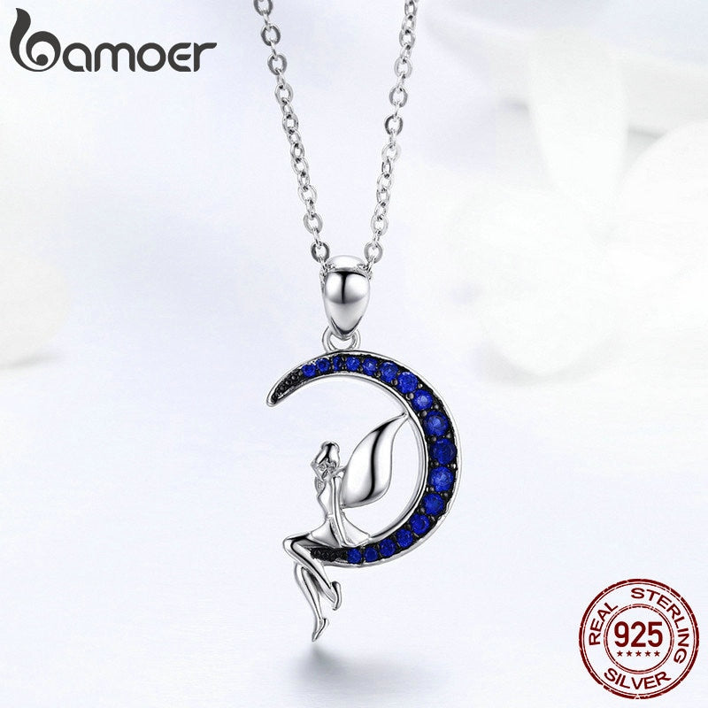 BAMOER 925 Sterling Silver Lucky Fairy on Moon Pendant Necklaces Blue Zircon Crescent Neck  for Women Gift Jewelry