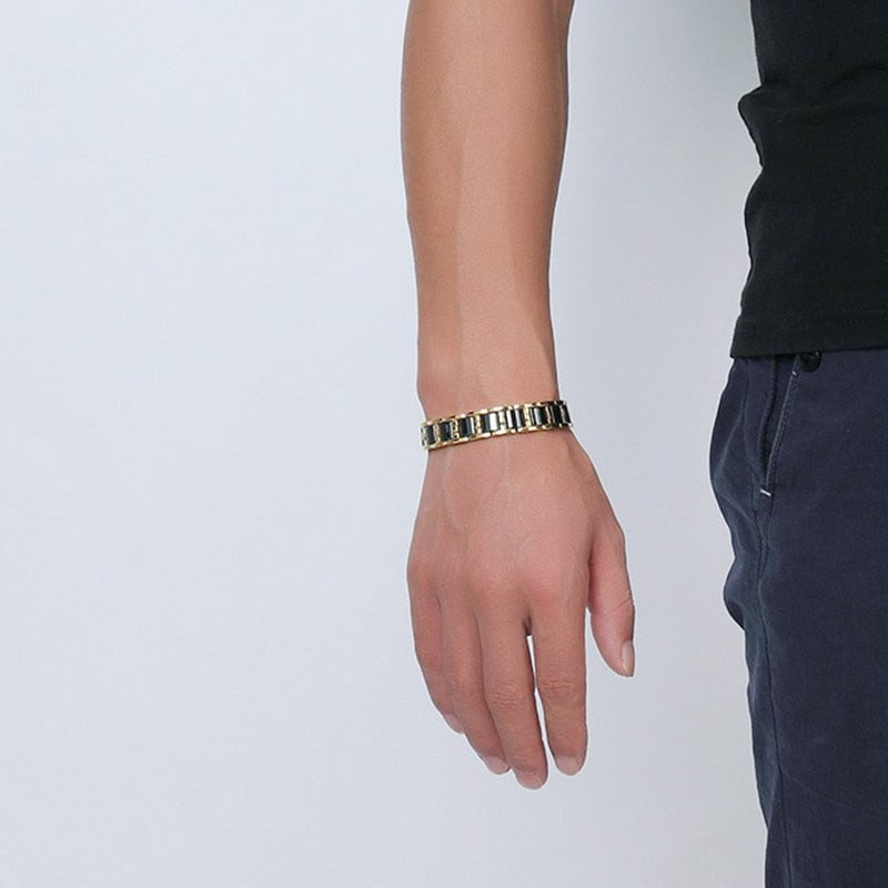 Vinterly Healing Energy Magnetic Hematite Bracelet Male Gold Color Stainless Steel Hand in Black Ceramic Bracelets Men