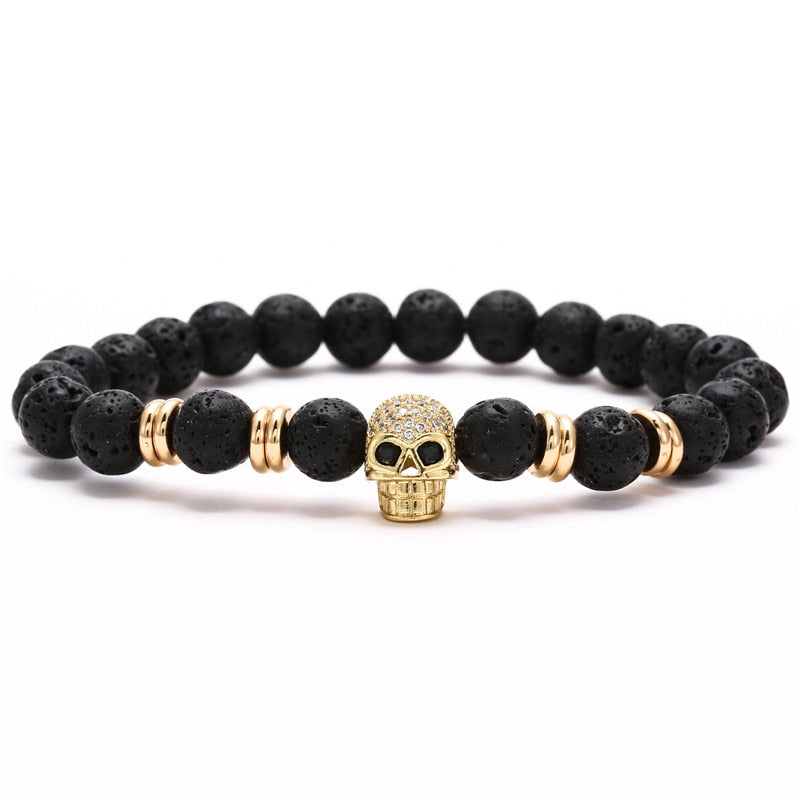 Luxury 2Pcs/Set Natural Lava Stone Beads Male Pave Skull Crown Bracelet Bangle Sets For Mens Women Hand Jewelry Homme