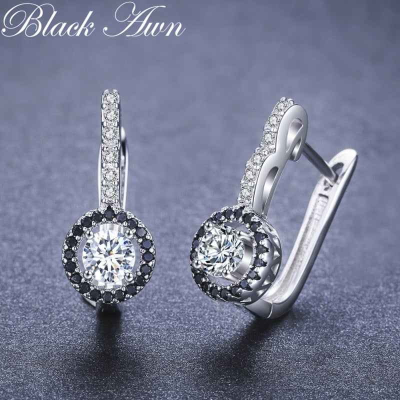 Black Awn New Vintage Genuine Silver Engagement Hoop Earrings for Women with Black&White Stone Jewelry