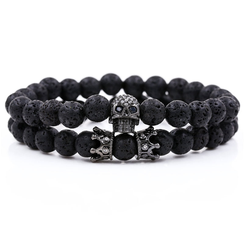 Luxury 2Pcs/Set Natural Lava Stone Beads Male Pave Skull Crown Bracelet Bangle Sets For Mens Women Hand Jewelry Homme
