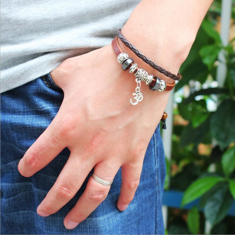 Women Men Leather Charm bracelet OM Yoga Buddha Leather Double Layer Woven Bracelet Fashion Jewelry