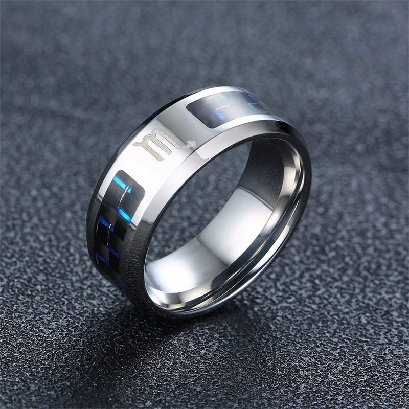 Vnox Twelve Constellations Rings for Men Women 8mm Stainless Steel Anel Male Classic Carbon Fiber 12 Horoscope Ring