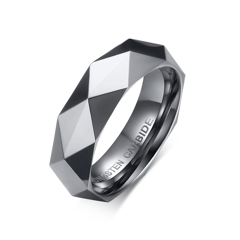 Faceted Wedding Band For Men, Mens Tungsten Carbide Rings, Polished Beveled Edge Comfort Fit