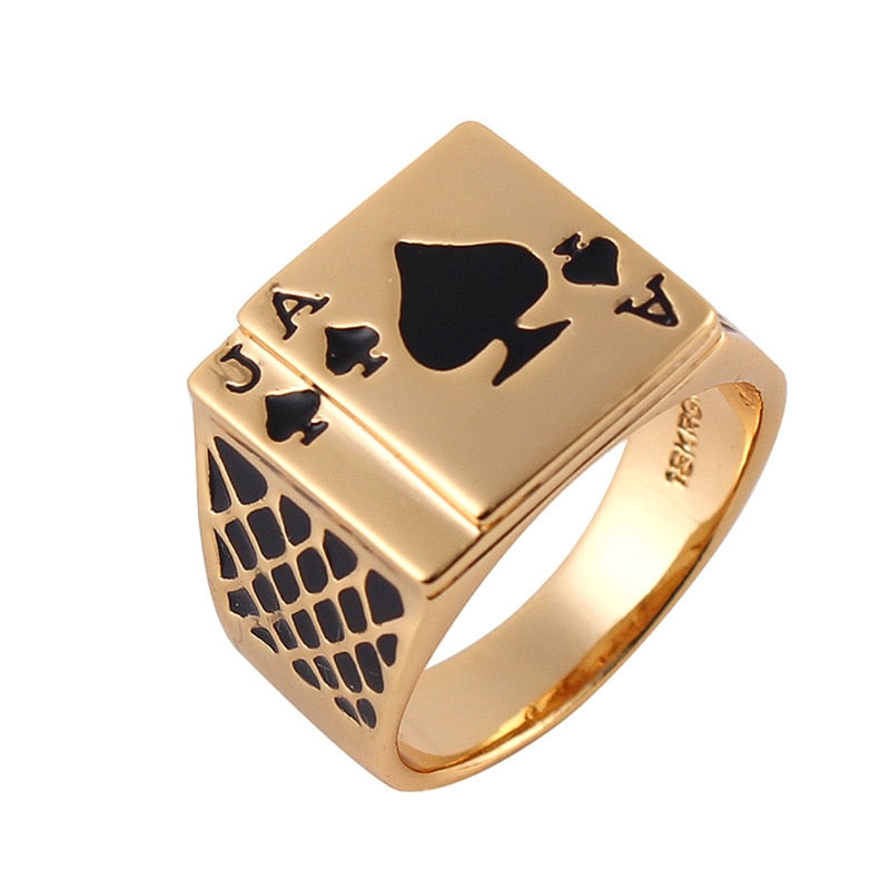 Size 7-12 Classic Cool Men's Jewelry Chunky Black Enamel Spades Poker Ring Men Gold-color