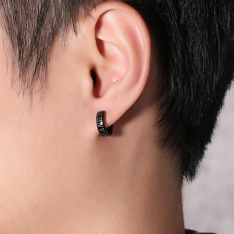 Vnox Punk Black Hoop Earrings for Men Roman Numerals High Quality Stainless Steel Male Jewelry