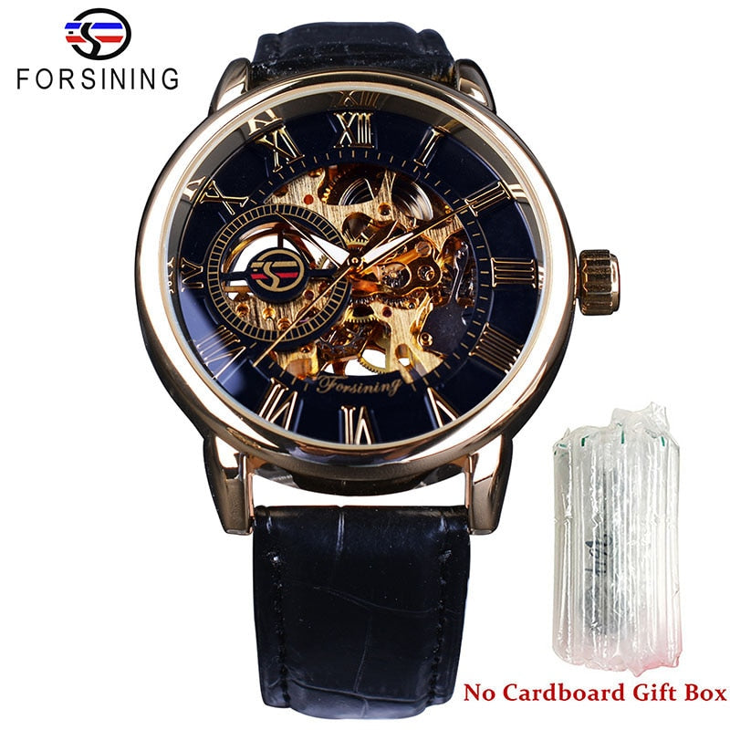 Forsining 3d Logo Design Hollow Engraving Black Gold Case Leather Skeleton Mechanical Watches Men Luxury Brand Heren Horloge