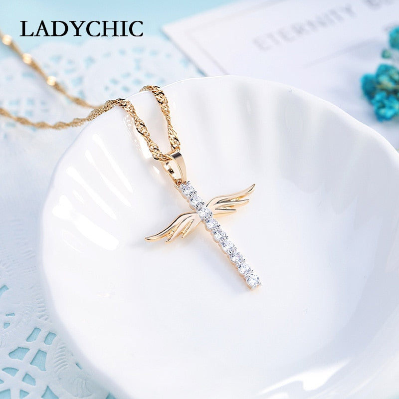 LADYCHIC Angel Wings Cross Pendant Necklace for Girl Women Fashion Style Necklaces Inlaid AAA Crystal Jewelry Wholesale