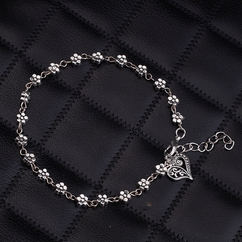 New Fashion Foot Tibetan Silver Hollow Plum Daisy Flowers Heart-Shaped Anklet For Women